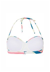 Top bikini con coppe sagomate, base bianca e motivo geometrico colorato nei toni di rosa, blu e verde. Presenta legature al collo e chiusura.