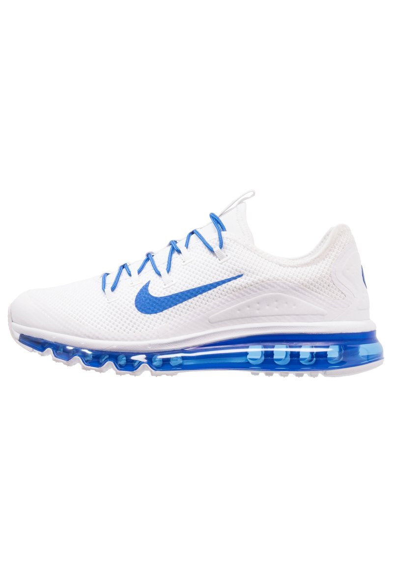 Vit Nike träningsskor med blå accenter, andningsbart nätovandel, dämpad blå mellansula och mönstrad sula för bra grepp.