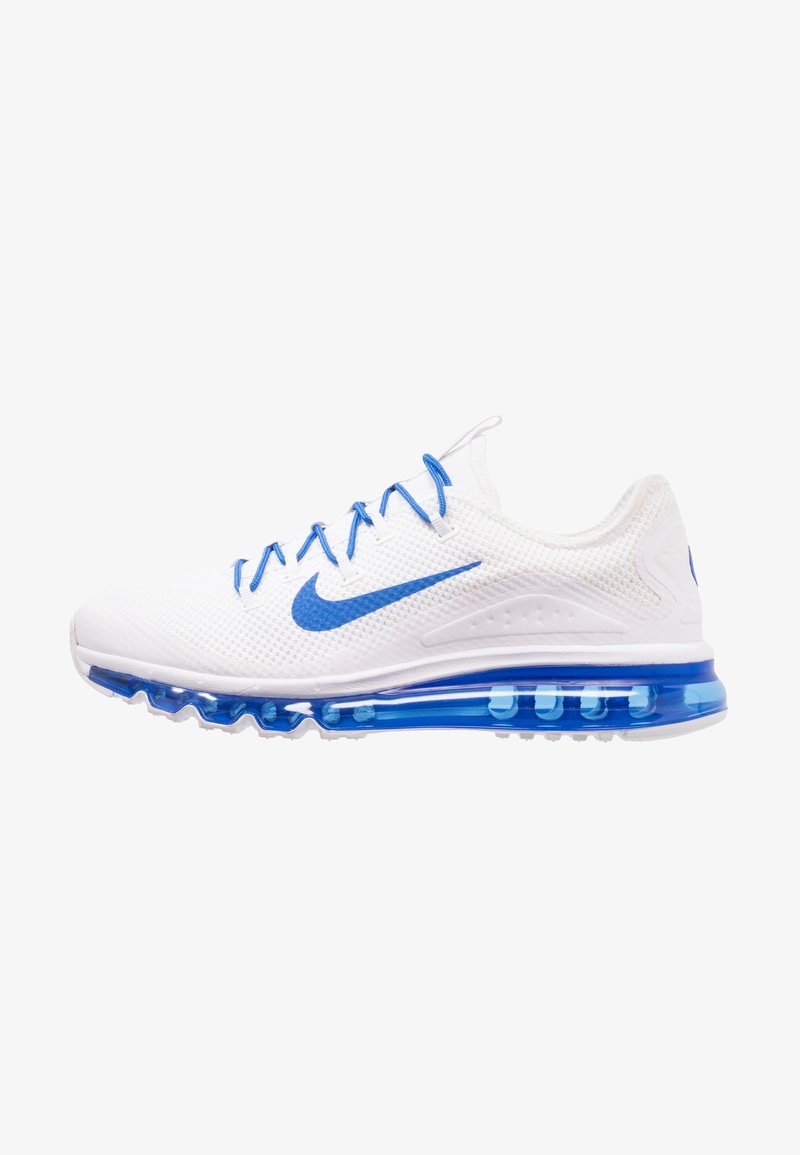 Vit Nike träningsskor med blå accenter, andningsbart nätovandel, dämpad blå mellansula och mönstrad sula för bra grepp.