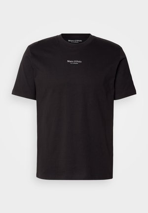 Black cotton t-shirt featuring short sleeves, a crew neck, and a white logo print on the chest. Simple, classic design.