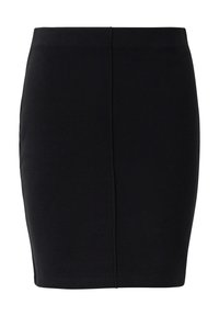 Zwarte kokerrok gemaakt van rekbare stof, met een aansluitend silhouet en een gladde textuur. Geen zichtbare patronen of versieringen.