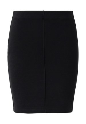 Czarna ołówkowa spódnica wykonana z elastycznej tkaniny, o dopasowanym kroju i gładkiej fakturze. Brak widocznych wzorów ani zdobień.