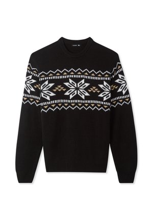 Czarny sweter z długimi rękawami, okrągłym dekoltem, ozdobiony białym i złotym geometrycznym wzorem płatka śniegu na piersi i rękawach.
