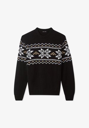 Czarny sweter z długimi rękawami, okrągłym dekoltem, ozdobiony białym i złotym geometrycznym wzorem płatka śniegu na piersi i rękawach.
