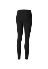 Leggings neri con una texture liscia, design aderente e vita alta. Dettaglio notevole include un motivo in oro sulla gamba.