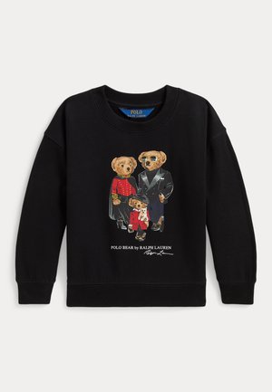 Felpa nera con tre orsi vestiti con abiti alla moda stampati sul davanti e testo Polo Bear by Ralph Lauren sotto.