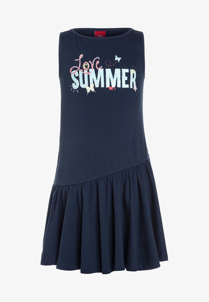 Robe sans manches bleu marine en coton avec un ourlet à volants, arborant un texte multicolore "Love Summer" et des papillons décoratifs.