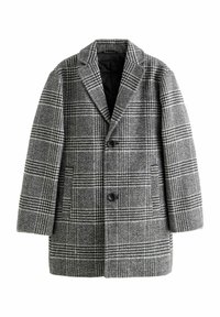 Cappotto grigio a scacchi con una silhouette strutturata, realizzato in tessuto testurizzato. Presenta un colletto a risvolto, due bottoni neri e un'unica fessura sul retro.
