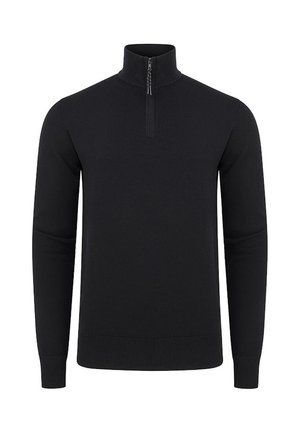 Czarny sweter z dzianiny z stojącym kołnierzem i ćwierć zamkiem. Posiada długie rękawy, ściągacze przy mankietach i na dolnym brzegu, oferując dopasowaną sylwetkę.