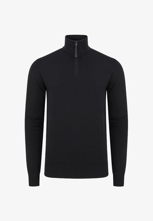 Czarny sweter z dzianiny z stojącym kołnierzem i ćwierć zamkiem. Posiada długie rękawy, ściągacze przy mankietach i na dolnym brzegu, oferując dopasowaną sylwetkę.