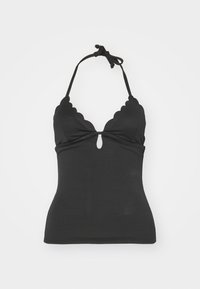 Μαύρο μαγιό τοπ με λαιμόκοψη halter, με οδοντωτές άκρες, λεπτομέρεια κλειδώματος στο κέντρο και υφασμάτινη υφή για καλή εφαρμογή.