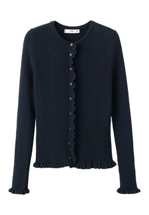 Cardigan côtelé bleu marine avec encolure ronde, boutons à l'avant et bords volantés aux poignets, à l'ourlet et sur la patte de boutonnage.