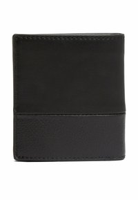 Schwarze Lederbörse mit glatten und strukturierten Oberflächen, in einfacher rechteckiger Form und dezenten Nähdetails.