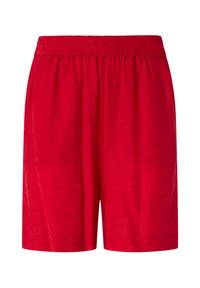 Pantaloni corti rossi con una cintura elastica, realizzati in un tessuto liscio. Hanno una vestibilità ampia e non presentano tasche né dettagli aggiuntivi.
