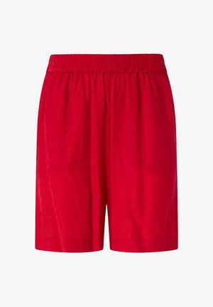 Pantalones cortos rojos con una cinturilla elástica, hechos de una tela suave. Tienen un corte holgado y no presentan bolsillos ni detalles adicionales.