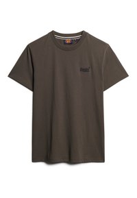 Camiseta de algodón en color verde oliva oscuro con mangas cortas y cuello redondo. Presenta un pequeño logo negro impreso en el pecho. Textura suave y lisa.