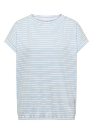 Lichtblauw en wit horizontaal gestreept T-shirt met korte mouwen, ronde hals en elastische zoom, met label "Cecil" aan de binnenkant van de kraag.