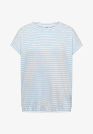 Lyseblå og hvide horisontale stribet kortærmet skjorte med rund halsudskæring og elastisk kant, mærket "Cecil" inde i kraven.