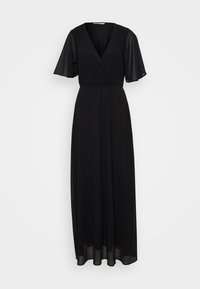 Black maxi dress with short flutter sleeves, V-neckline, and gathered waist design. Fabric is smooth with a flowing silhouette.