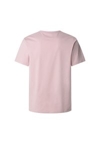 Tricou din bumbac roz, cu mâneci scurte, guler rotund și un design simplu. Textură netedă, fără modele sau detalii suplimentare.