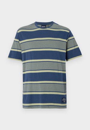 Navy blue short-sleeve T-shirt with green stripes. Material appears soft. Features a round neckline and a small brand label on the hem.