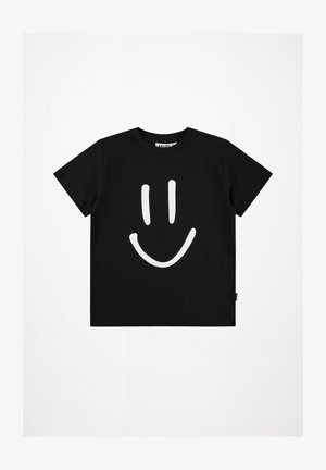 Tricou negru cu mânecă scurtă, cu un grafic alb de față zâmbitoare pe partea din față, așezat plat pe un fundal alb.