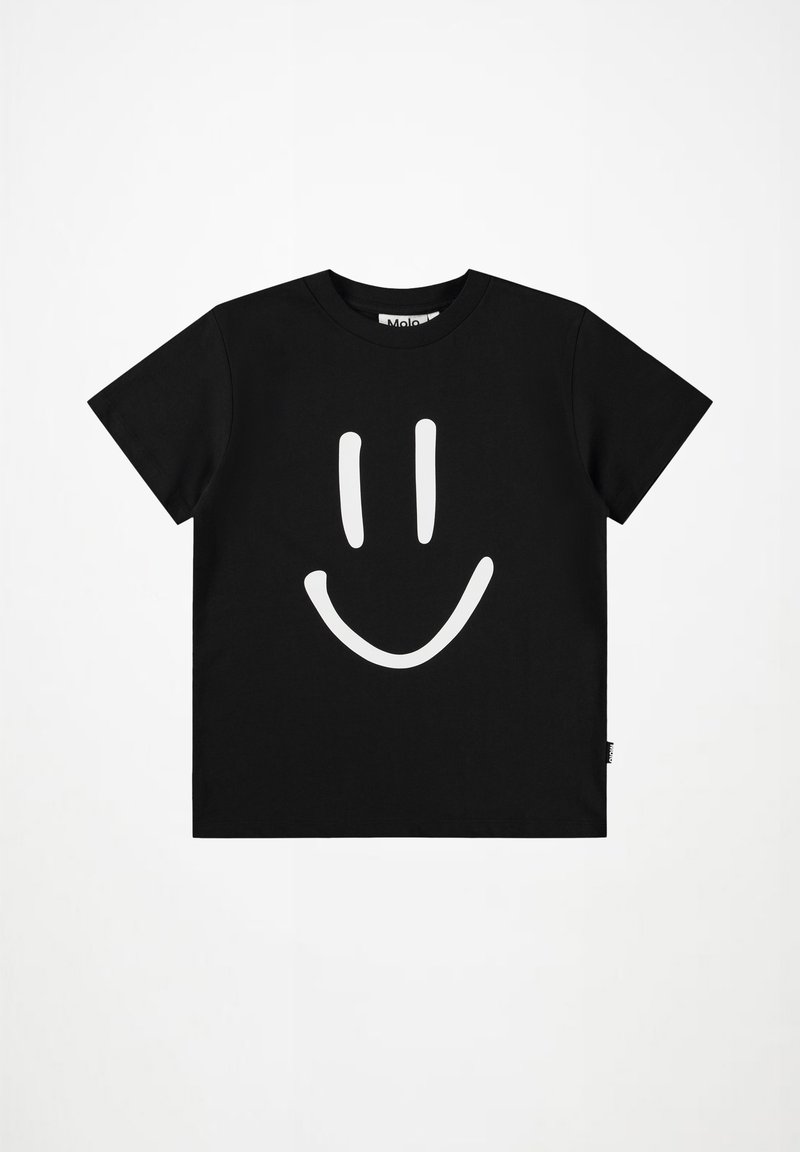 Czarny t-shirt z krótkim rękawem z białą grafiką uśmiechniętej buźki z przodu, ułożony płasko na białym tle.