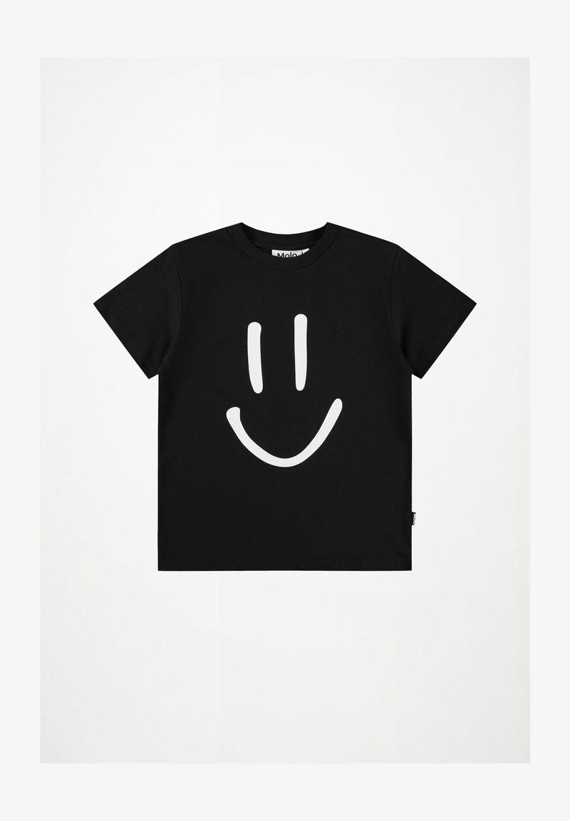 Czarny t-shirt z krótkim rękawem z białą grafiką uśmiechniętej buźki z przodu, ułożony płasko na białym tle.