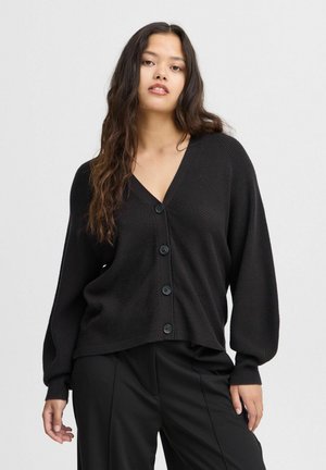 Black knitted cardigan with a deep V-neck, front buttons, and long sleeves. The texture is ribbed, and it has a relaxed fit.