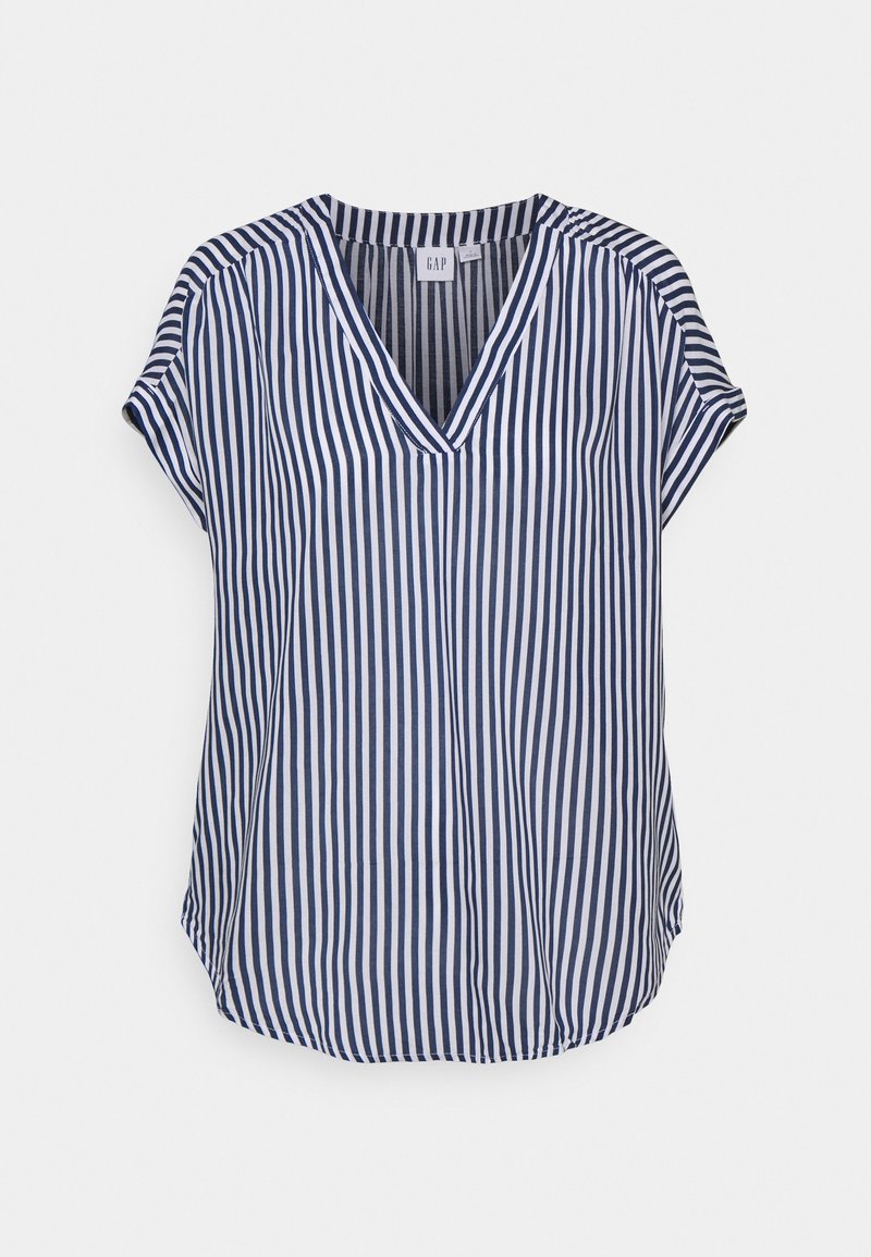 Blouse à manches courtes avec rayures verticales bleu marine et blanches et col en V, présentée sur fond blanc.