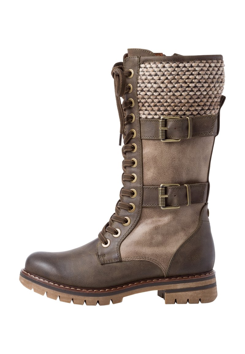 Brown leather lace-up boot with braided textile upper, two buckles, and rugged sole. Features a rounded toe and contrasting stitching.
