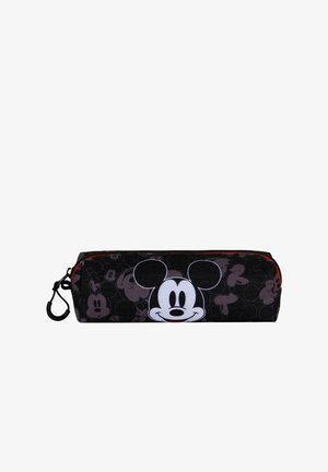 Estuche de lápices negro con cremallera roja que presenta un gran diseño de la cara de Mickey Mouse. El tejido texturizado muestra un patrón de caras más pequeñas de Mickey.