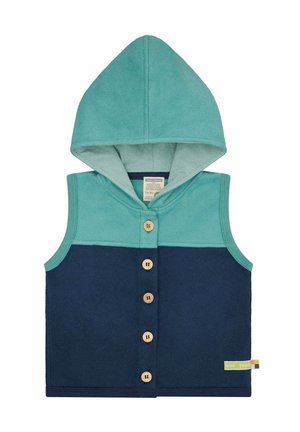 Child’s sleeveless hooded vest with turquoise top half and navy blue bottom half, front wooden buttons, and striped hood lining.