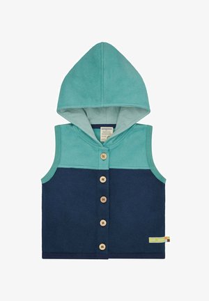 Kinder mouwloze capuchonvest met turquoise bovenste helft en marineblauwe onderste helft, voorste houten knopen en gestreepte capuchonvoering.