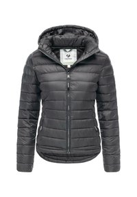 Black quilted puffer jacket with hood, front zipper, two side zip pockets, and slightly curved hem, displayed against a white background.