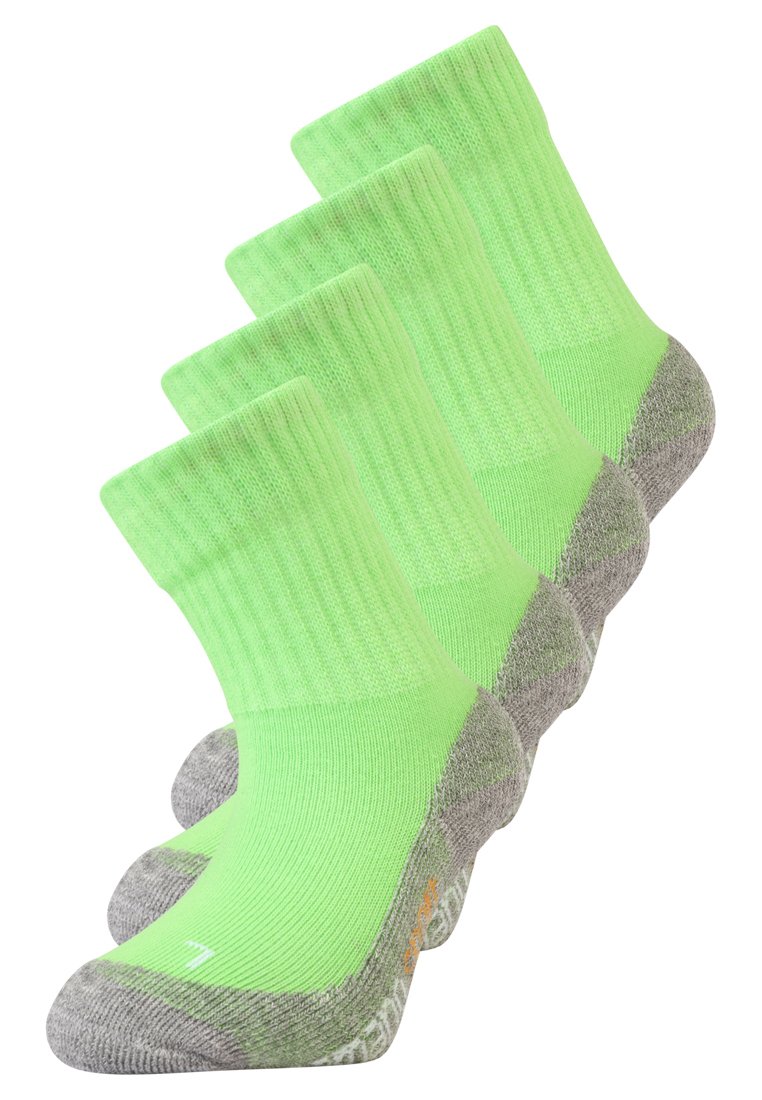 Grüne gerippte Socken mit grauem Zehen- und Fersenbereich, ausgestattet mit einer gepolsterten Sohle. Vier Paare ausgestellt, jeweils mit einem nahtlosen Design.