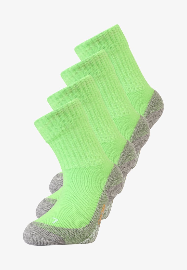 Calze verdi a coste con punta e tallone grigi, dotate di suola imbottita. Quattro paia esposti, ognuno con un design senza cuciture.