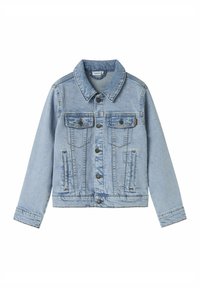 Hellblaues Jeansjacke mit Kragen, langen Ärmeln, zwei Fronttaschen und Knopfverschluss. Verfügt über eine leicht ausgewaschene Textur.