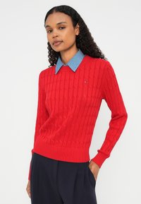 Roter Strickpullover mit strukturiertem Muster und geripptem Saum, übereinander getragen über einem hellblauen Hemd mit Kragen. Besitzt ein kleines Logo auf dem Pullover.