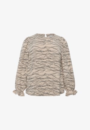 Beige Bluse mit schwarzem wellenförmigem Muster, runder Ausschnitt mit Schlüsselloch und langen Puffärmeln mit elastischen Rüschen an den Bündchen.