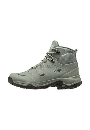 Scarponcino da trekking grigio con pannelli in mesh, chiusura frontale con lacci, punta rinforzata e suola spessa e texturizzata per presa e supporto all'aperto.