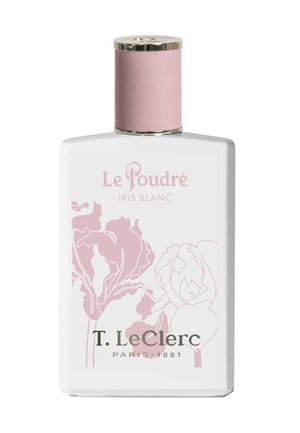 White rectangular perfume bottle with pink floral design and pink cap, labeled "Le Poudré Iris Blanc" by T. LeClerc.