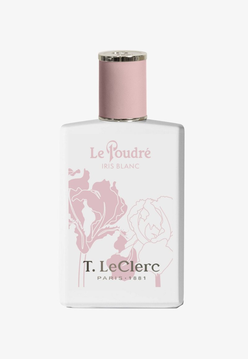 Bottiglia di profumo rettangolare bianca con design floreale rosa e tappo rosa, etichettata "Le Poudré Iris Blanc" di T. LeClerc.
