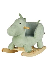 Green plush rocking dragon with a soft texture, wooden handles, and a rounded base. Features small ears and black bead eyes.