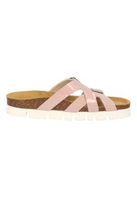 Sandalo a scivolo in vernice rosa con tre cinturini che si intrecciano, soletta in sughero e suola in gomma bianca con un motivo a intagli.