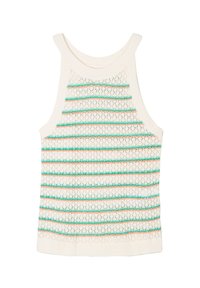 Gebreid tanktop in crème met kleurrijke horizontale strepen in turquoise en perzik. Textuurstof met een ademend open patroon.