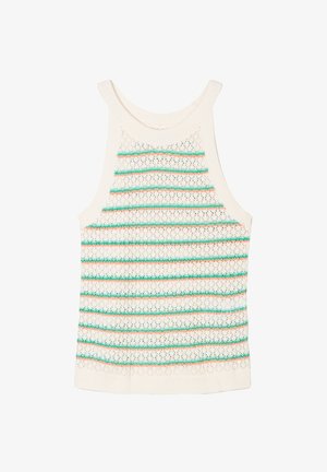 Top in maglia color crema con strisce orizzontali colorate in turchese e pesco. Tessuto testurizzato con un motivo aperto traspirante.