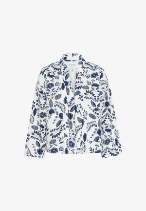 Weiße Jacke mit marineblauem Blumenmuster, mit einem lockeren Schnitt, weiten Ärmeln und offenem Design. Weicher, leichter Stoff.