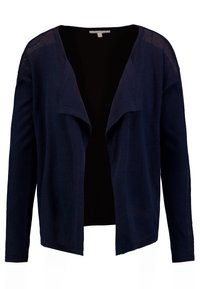 Granatowy kardigan z otwartym przodem, długimi rękawami i przezroczystymi, teksturowanymi akcentami na ramionach. Miękki materiał, elegancki design.