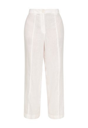 Pantaloni bianchi in lino con una vestibilità a gamba dritta, dotati di chiusura frontale con bottone e due cuciture verticali per un tocco di dettaglio. Texture liscia.